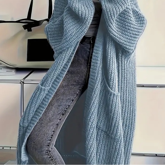 CABLE KNIT OPEN FRONT RELAXED FIT CARDIGAN WITH  POCKETS BLUE NWT - Picture 4 of 4